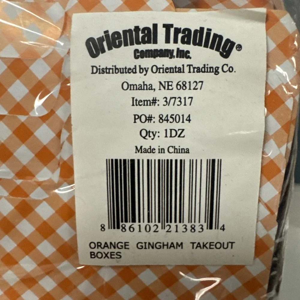 12 Mini Take‎ Out Boxes Gingham Orange White Check W/ Handle Goody Party Favor